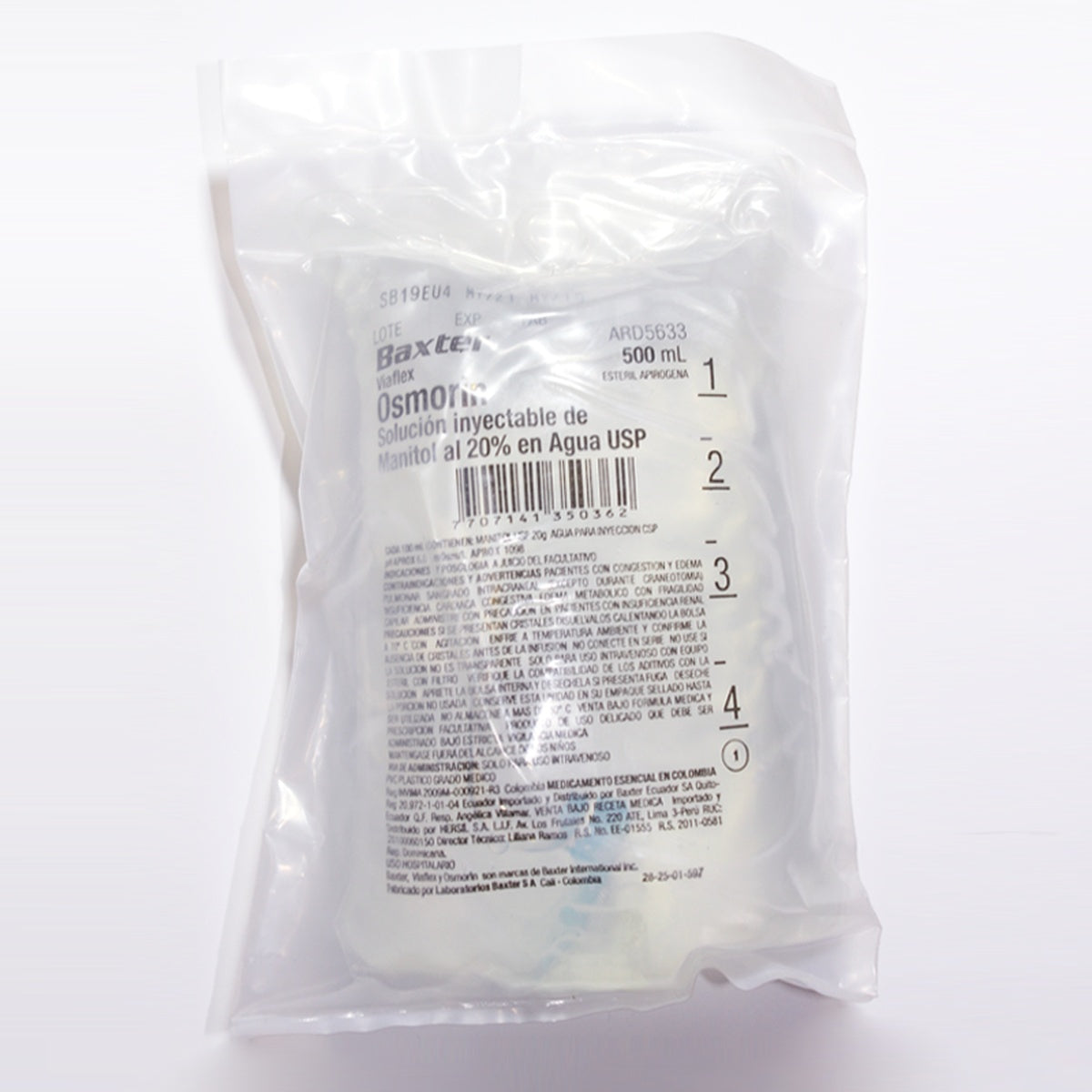 Solución inyectable OSMORIN 20% en agua, 500 ml, en bolsa de PVC, indicada como diurético osmótico, color transparente.