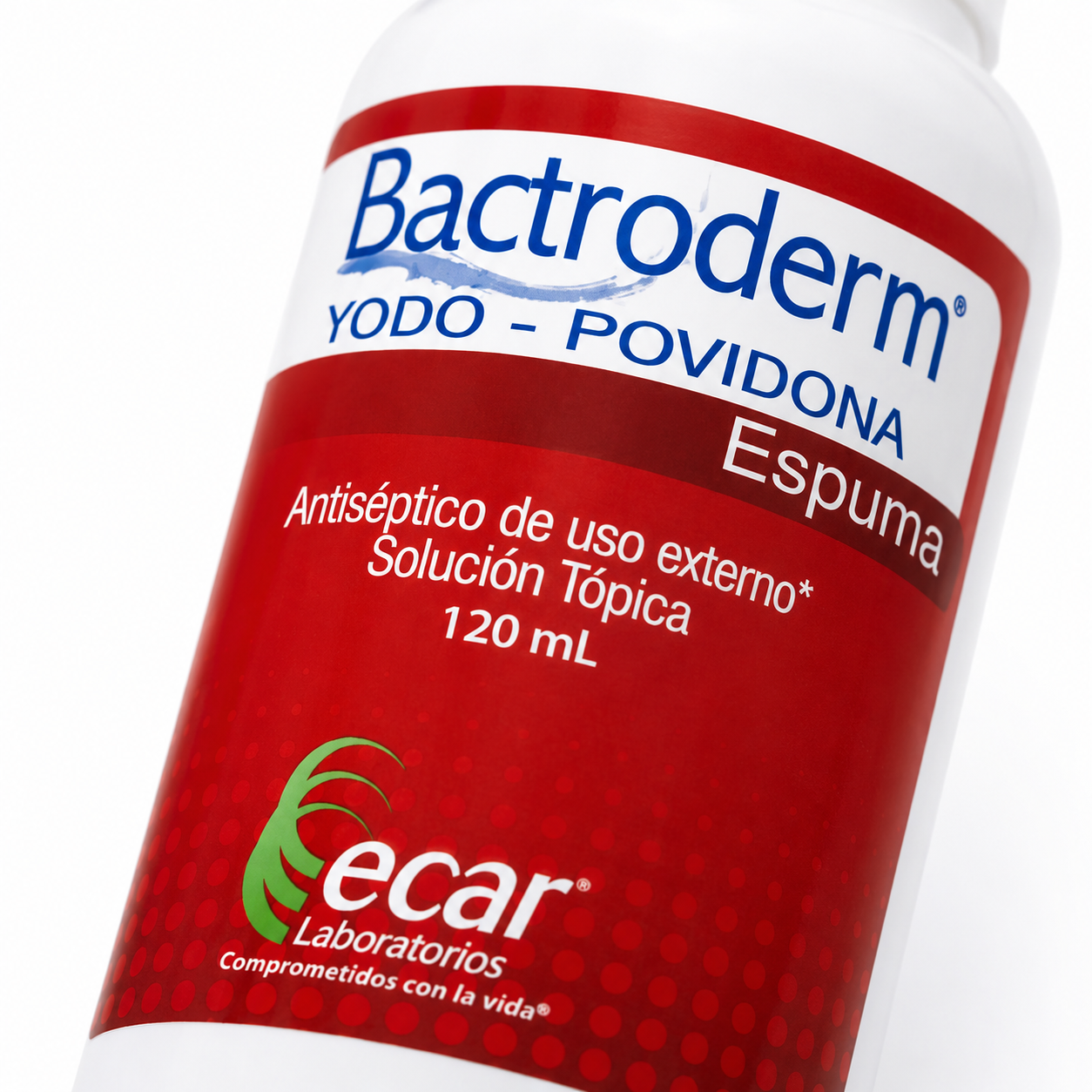 Solución tópica Bactroderm yodo povidona espuma 120 mL con acción antiséptica para uso externo