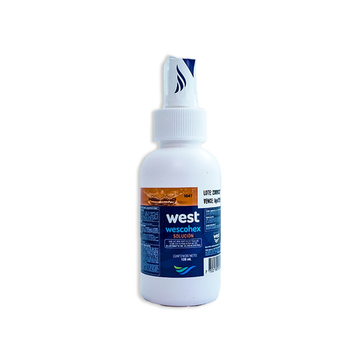 WESCOHEX solución tópica germicida de 120 ml, color naranja, con válvula nebulizadora, indicada para antisepsia prequirúrgica.