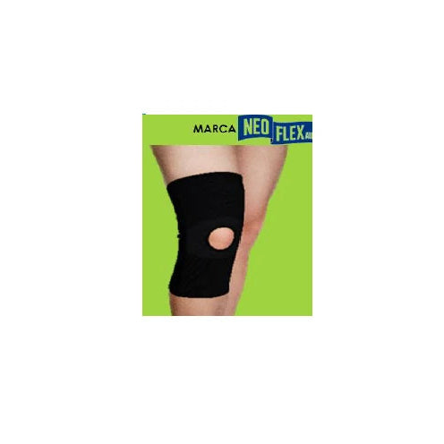 Soporte elástico para rodilla NEOFLEX KN-007-S, color negro, con estabilizadores laterales y ajuste por tiras, ideal para soporte y compresión.
