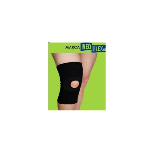 Soporte elástico para rodilla Neoflex KN-007-L, color negro, con estabilizadores laterales y diseño anatómico para soporte y compresión.