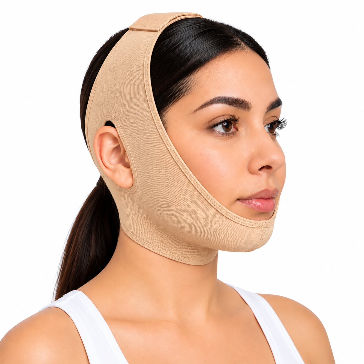 Mentonera facial postoperatoria Medivaric color beige, talla L-XL, diseñada para brindar soporte, compresión y ajuste cómodo en la zona del mentón y el rostro.