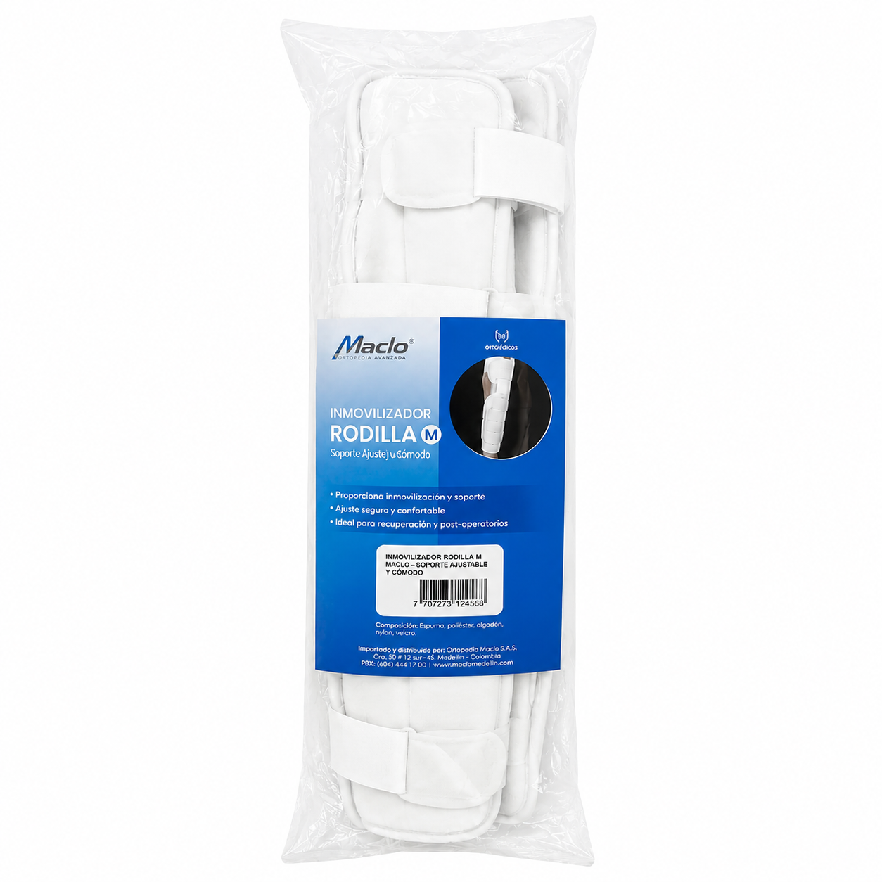Inmovilizador de rodilla Maclo talla M con ajuste regulable, diseñado para brindar soporte, estabilidad y comodidad.