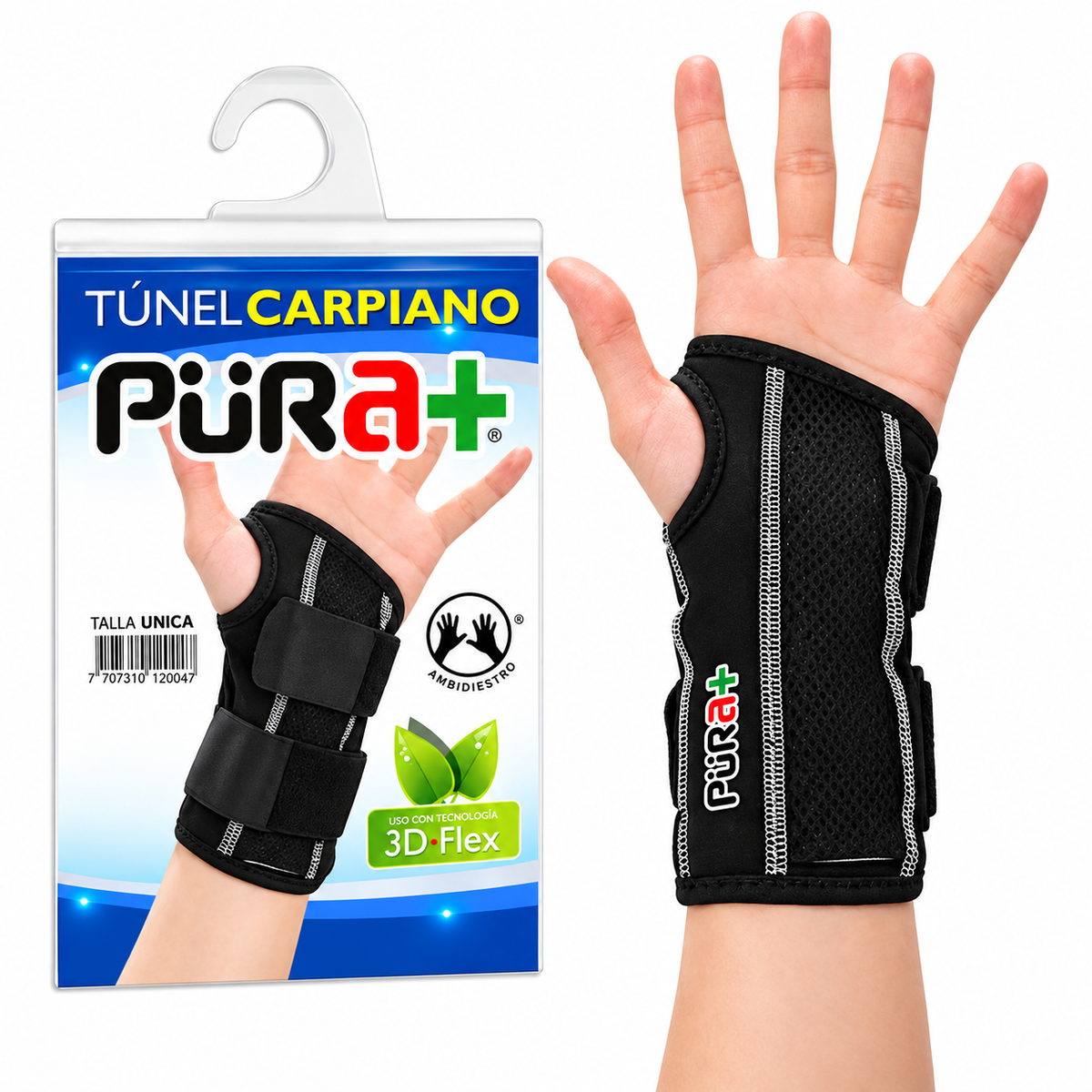 Muñequera Pura+ para túnel carpiano, referencia 2563, talla única, diseñada para brindar soporte, estabilidad y comodidad en la muñeca.