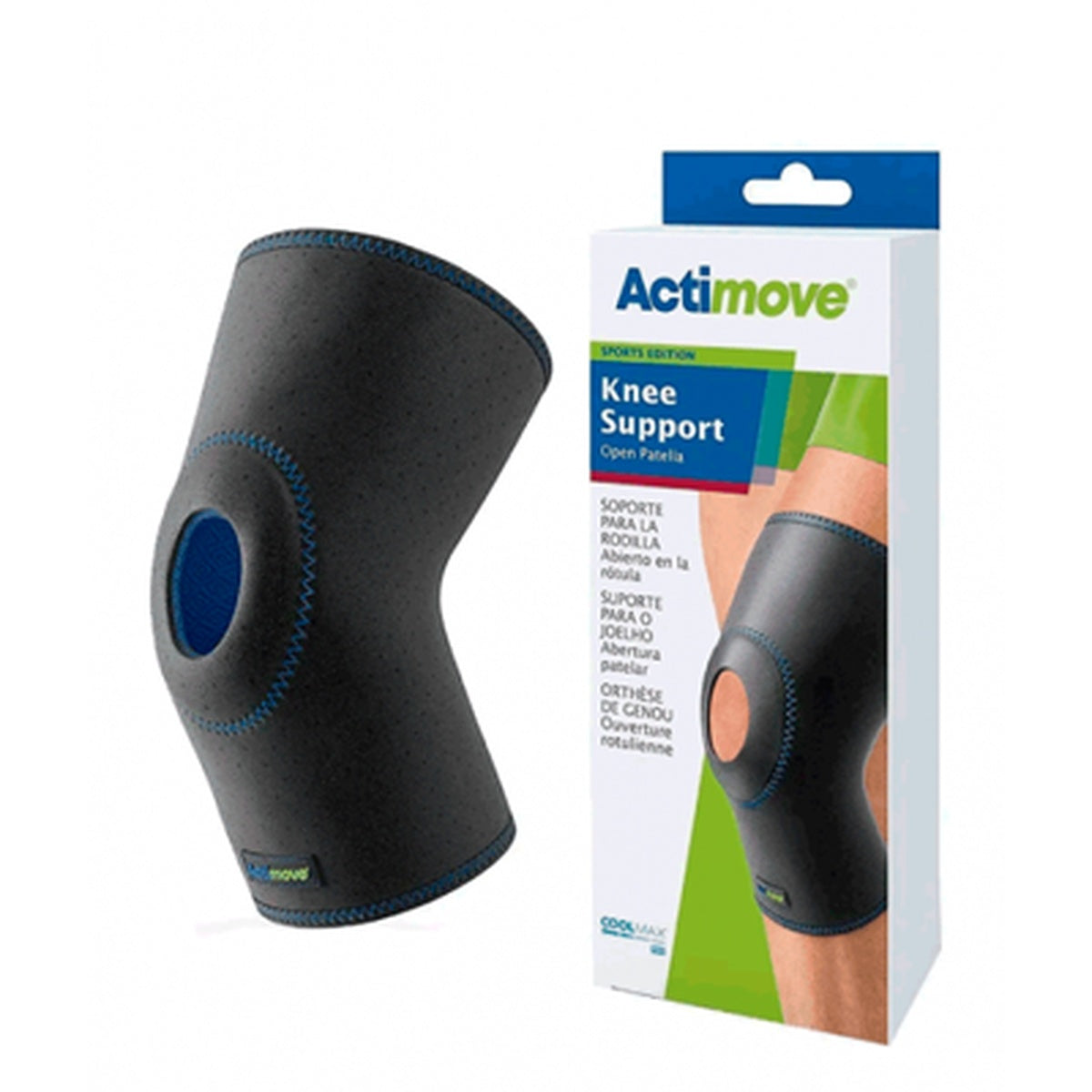 Soporte de rodilla ACTIMOVE® SPORTS EDITION con patela abierta, talla M, fabricado en SBR, poliamida y poliéster, color negro.