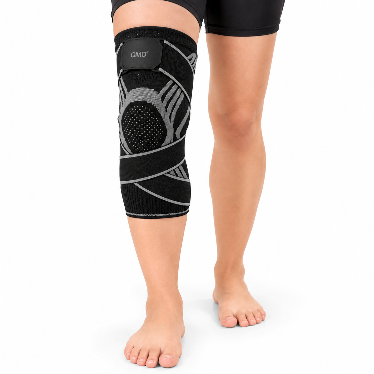 Rodillera deportiva estabilizadora GMD referencia GMD-868-M, diseñada para brindar soporte, compresión y estabilidad en la rodilla.