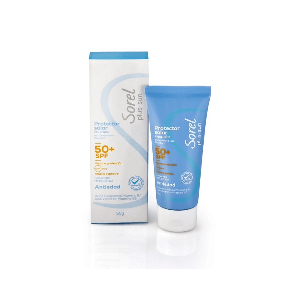 SOREL PLUS protector solar SPF50+ emulsión 50 g ECAR, presentación del producto para protección diaria de la piel.