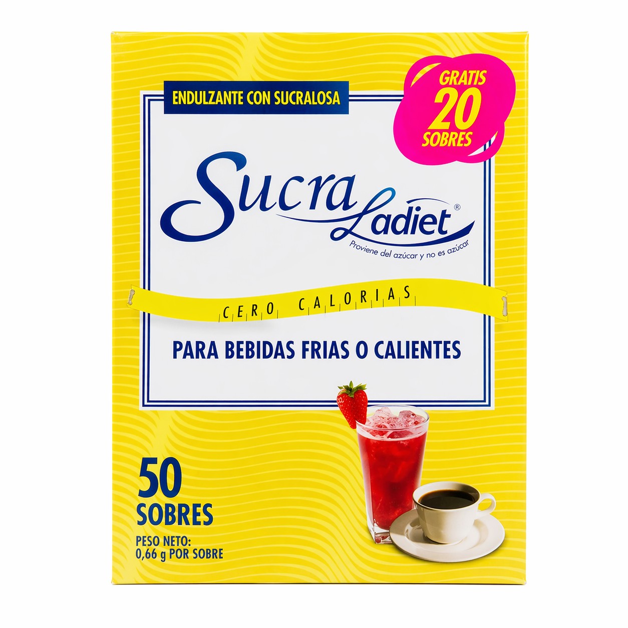 Sucraladiet sucralosa caja con 50 sobres más 20 sobres gratis endulzante sin calorías para bebidas frías y calientes