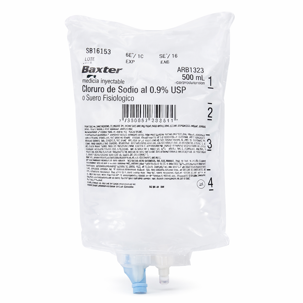 Solución salina 0.9% Baxter 500 ml suero fisiológico cloruro de sodio para uso médico.