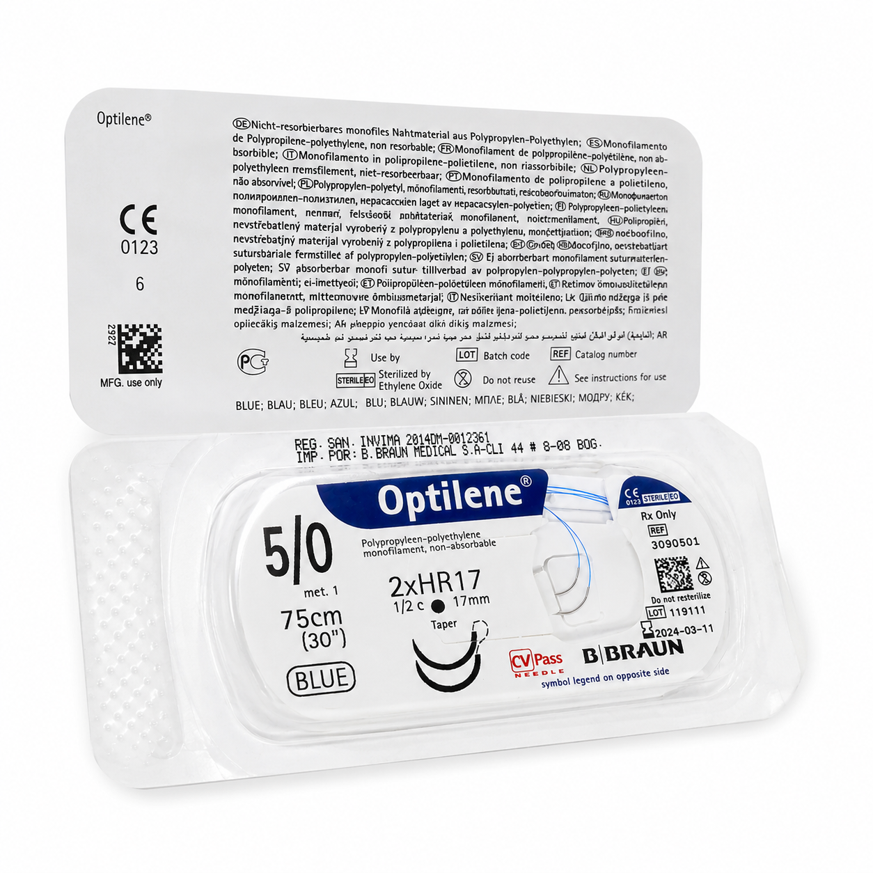 Sutura quirúrgica Optilene 5/0 Braun 75 cm con aguja 2XHR17 y empaque estéril médico.