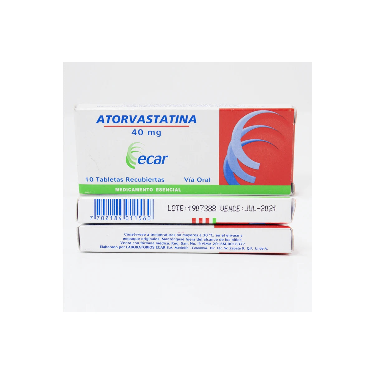 Atorvastatina 40 mg Ecar, 10 tabletas recubiertas, en blíster, con forma ovalada y color blanco, sobre fondo blanco.