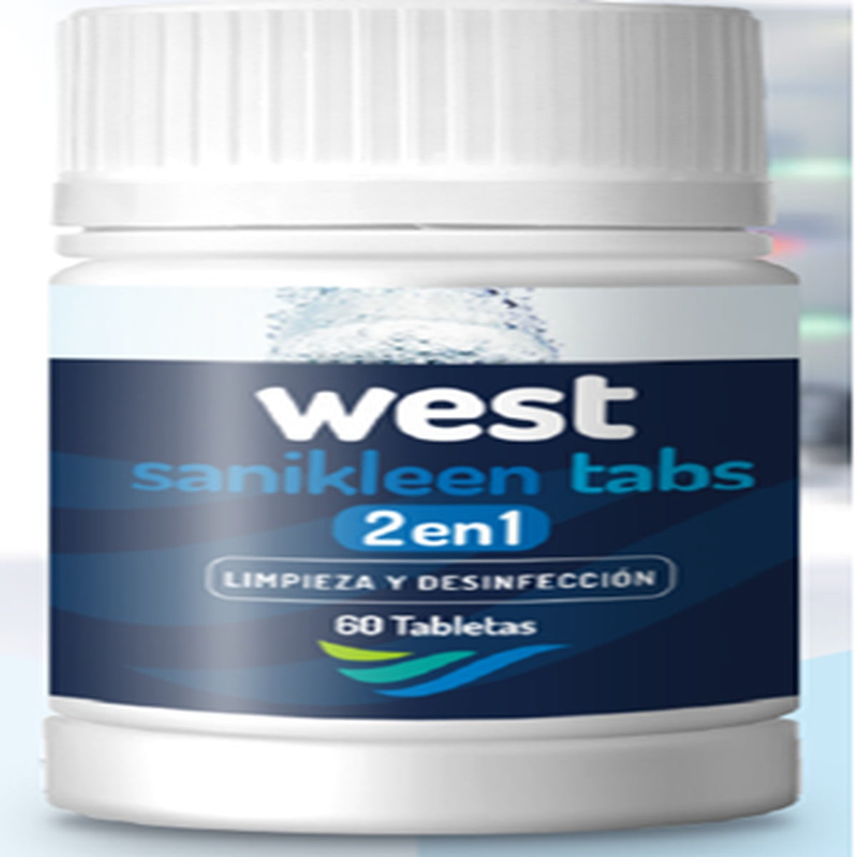 Tabletas desinfectantes Sanikleen Tabs 2 en 1, planas, blancas y biseladas, formuladas con dicloroisocianurato de sodio para limpieza y desinfección.
