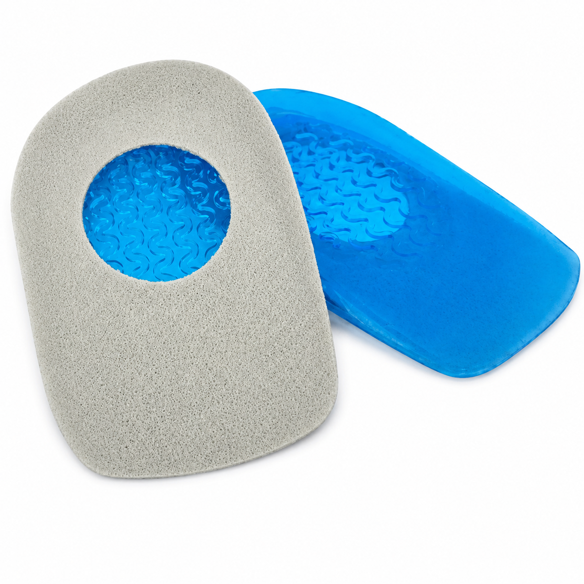 Talonera de silicona en gel Pura+ talla L-XL, color gris y azul, referencia 0170, diseñada para brindar amortiguación y comodidad al talón.