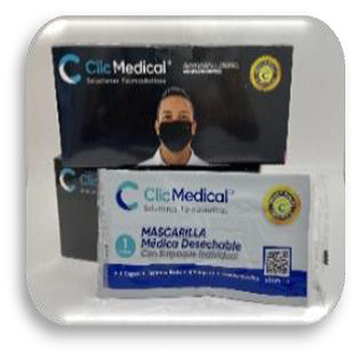 Tapabocas desechable negro de 3 capas, marca Clic Medical, diseñado para protección personal, con ajuste nasal y elásticos para las orejas.