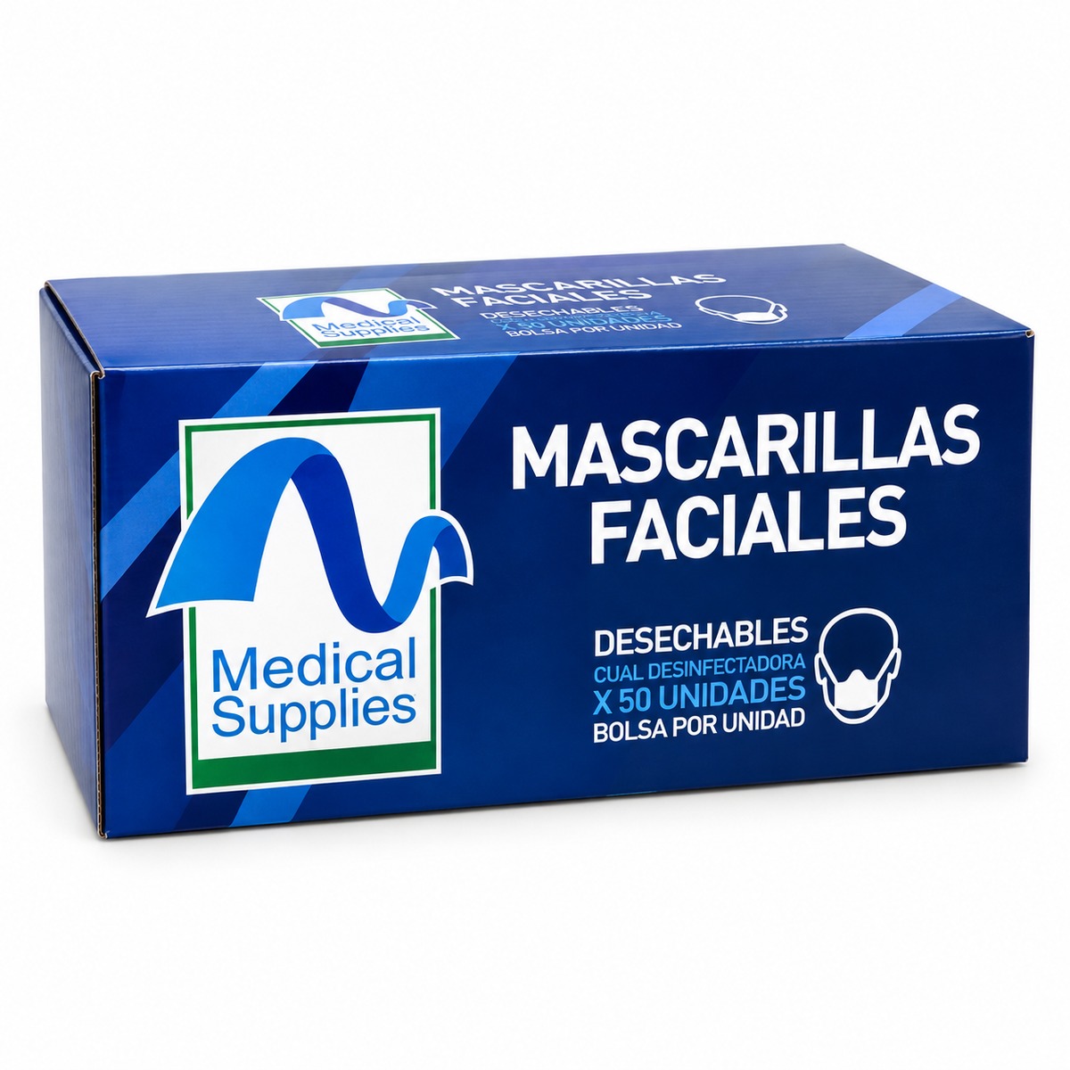 Tapabocas desechable Medical Supplies con elásticos, caja por 50 unidades para protección respiratoria y uso médico.