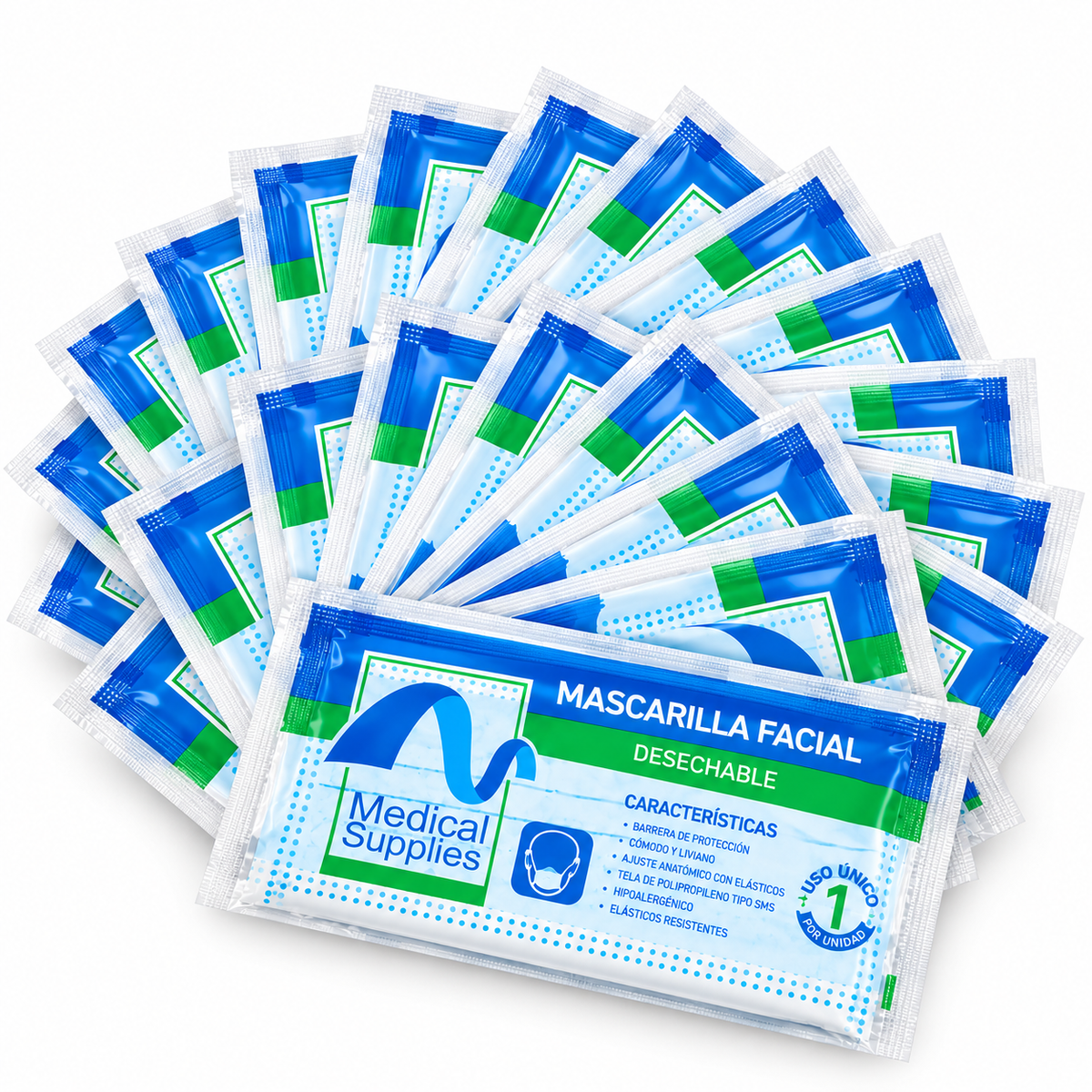 Tapabocas Medical Supplies con elásticos, presentación de 50 unidades para uso médico y protección respiratoria.
