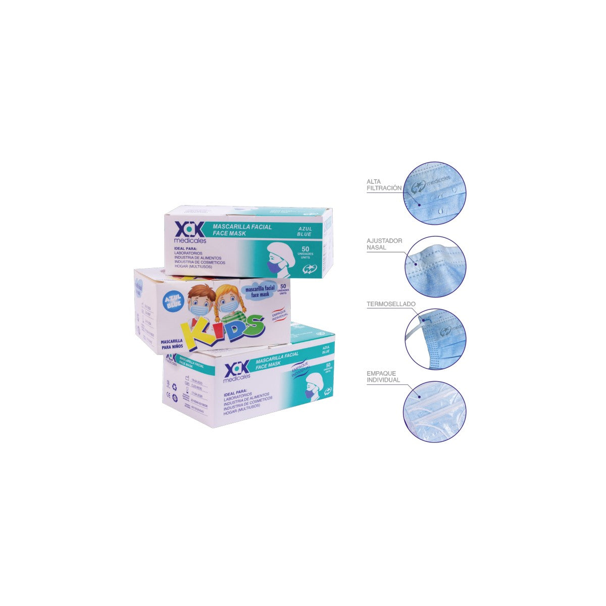 Tapabocas resortado azul de la marca XAX, modelo médico, presentado en empaque individual, ideal para uso clínico.