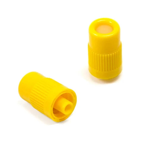 Tapon heparinizado amarillo Precision Care, diseñado para uso clínico, fabricado en material plástico, presentado en unidad individual.