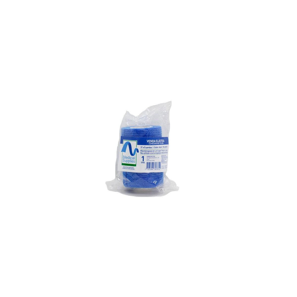 Venda Cohesiva Azul de 3x5 yardas, fabricada en material elástico, ideal para sujeción y soporte en lesiones.