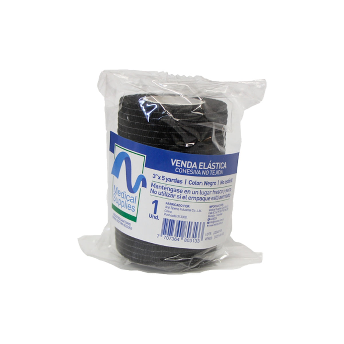 Venda elástica cohesiva negra de 3 x 5 yardas, fabricada en tejido no tejido elástico, ideal para soporte y protección de lesiones.