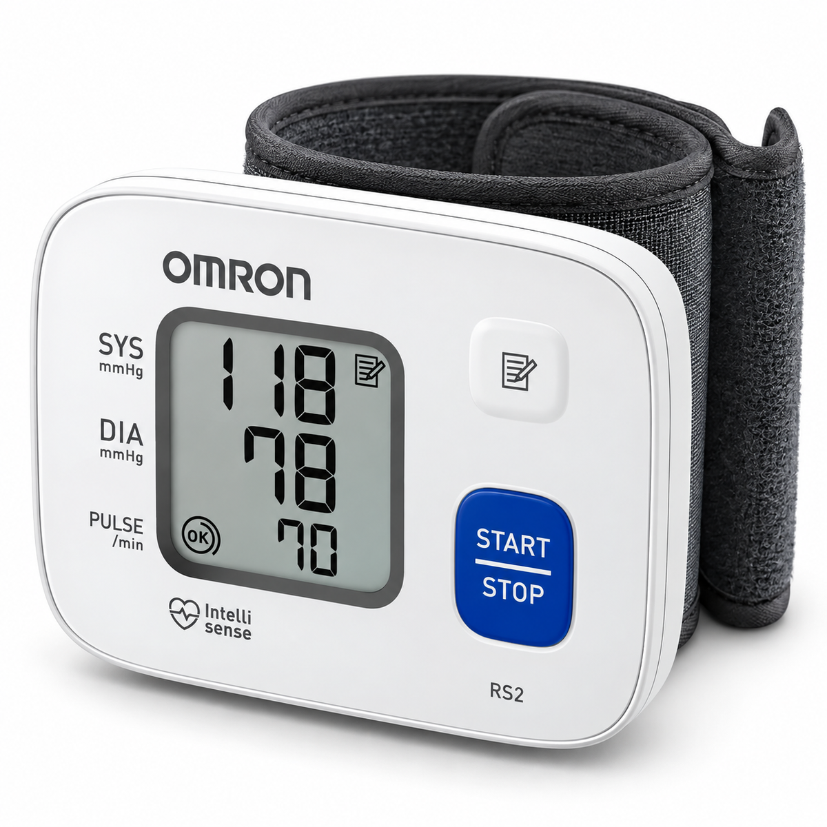 Tensiómetro digital automático de muñeca Omron RS2 HEM-6161E, diseñado para facilitar el monitoreo de la presión arterial.