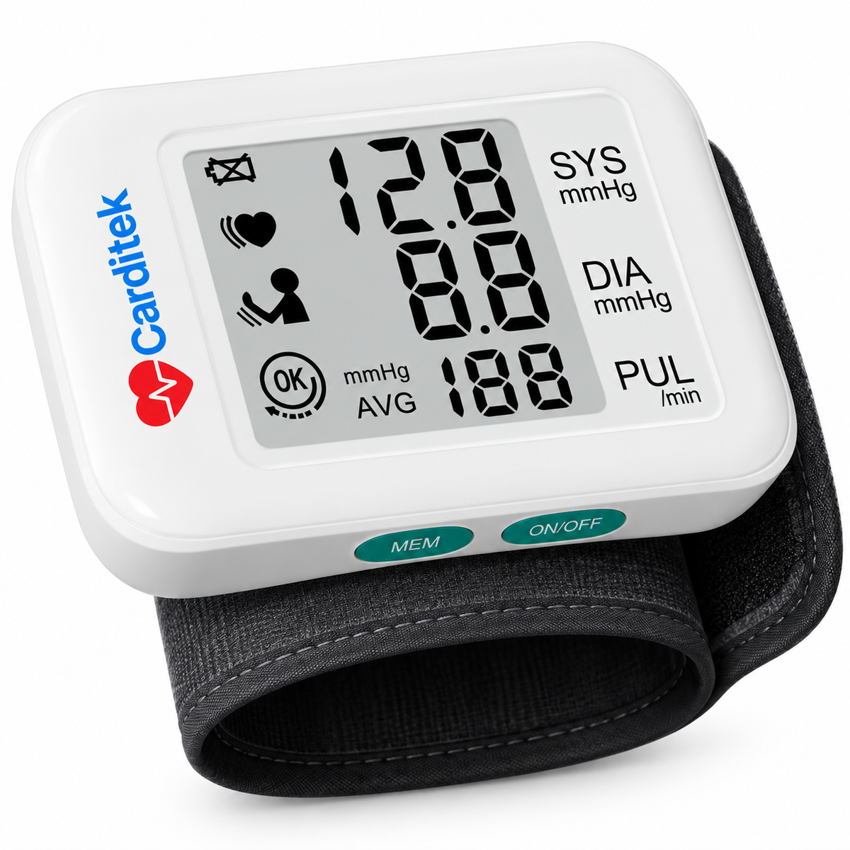 Tensiómetro digital de muñeca Carditek CDK-BPM-75B, diseñado para medir la presión arterial de forma práctica y portátil.