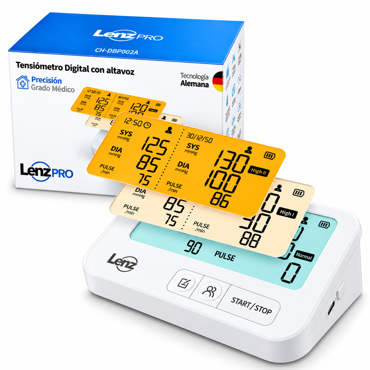 Equipo digital Lenz AES-U622 para medición de presión arterial, con altavoz integrado y pantalla de fácil lectura.