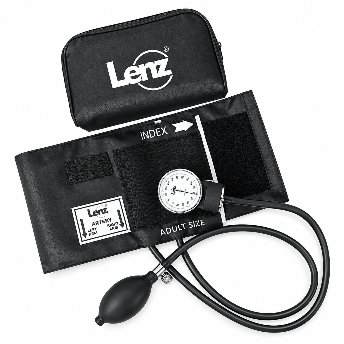 Tensiómetro manual Lenz color negro referencia XB11300, diseñado para apoyar la medición de la presión arterial en consultas y entornos clínicos.