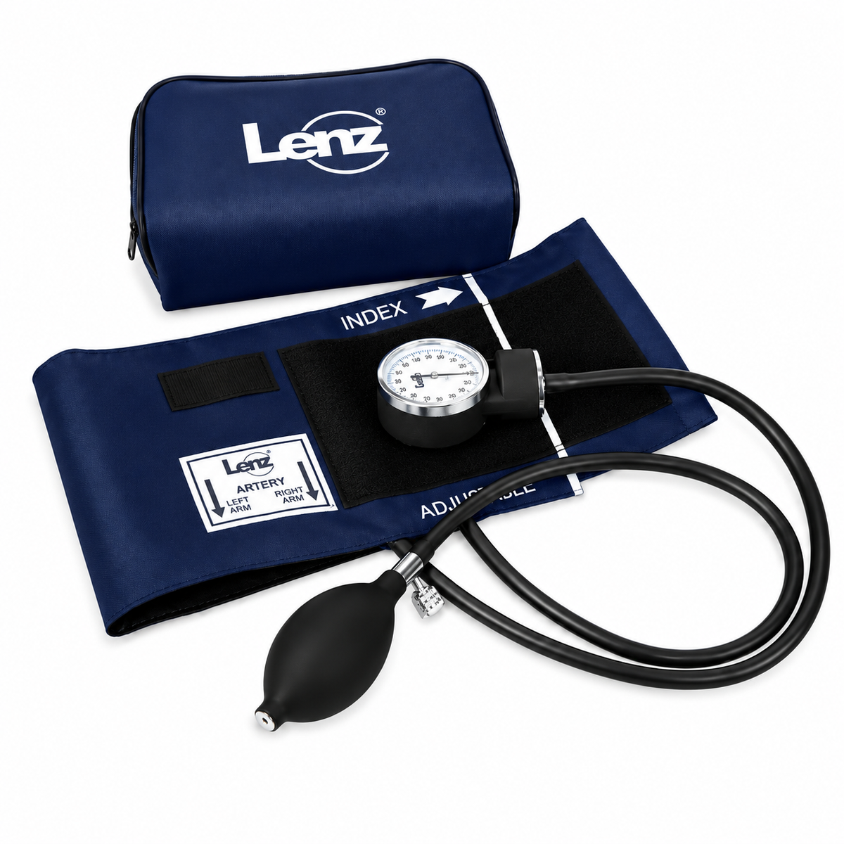 Tensiómetro manual Lenz color navy para adulto, referencia XB11300 SS-20A, con brazalete y manómetro para medición de presión arterial.