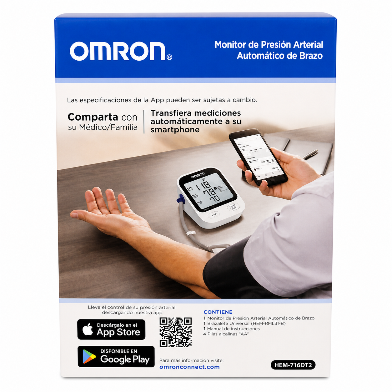 Parte posterior caja tensiómetro digital de brazo Omron HEM-716DT2 mostrando uso con app móvil y funciones del producto