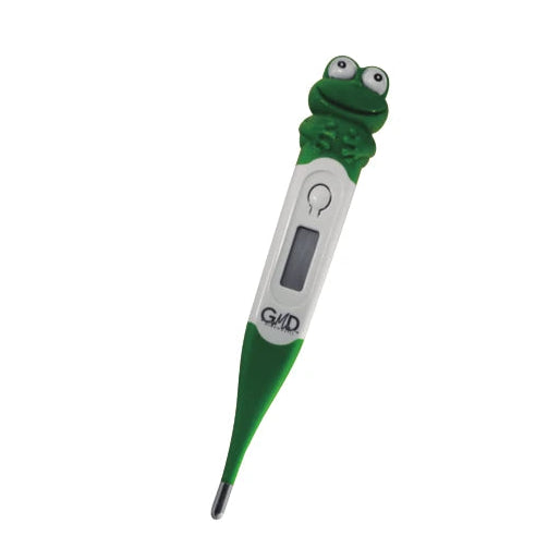 Termómetro digital pediátrico Rana GMD-FD-4625-R, con forma de rana, color verde y detalles en blanco, diseñado para uso infantil.