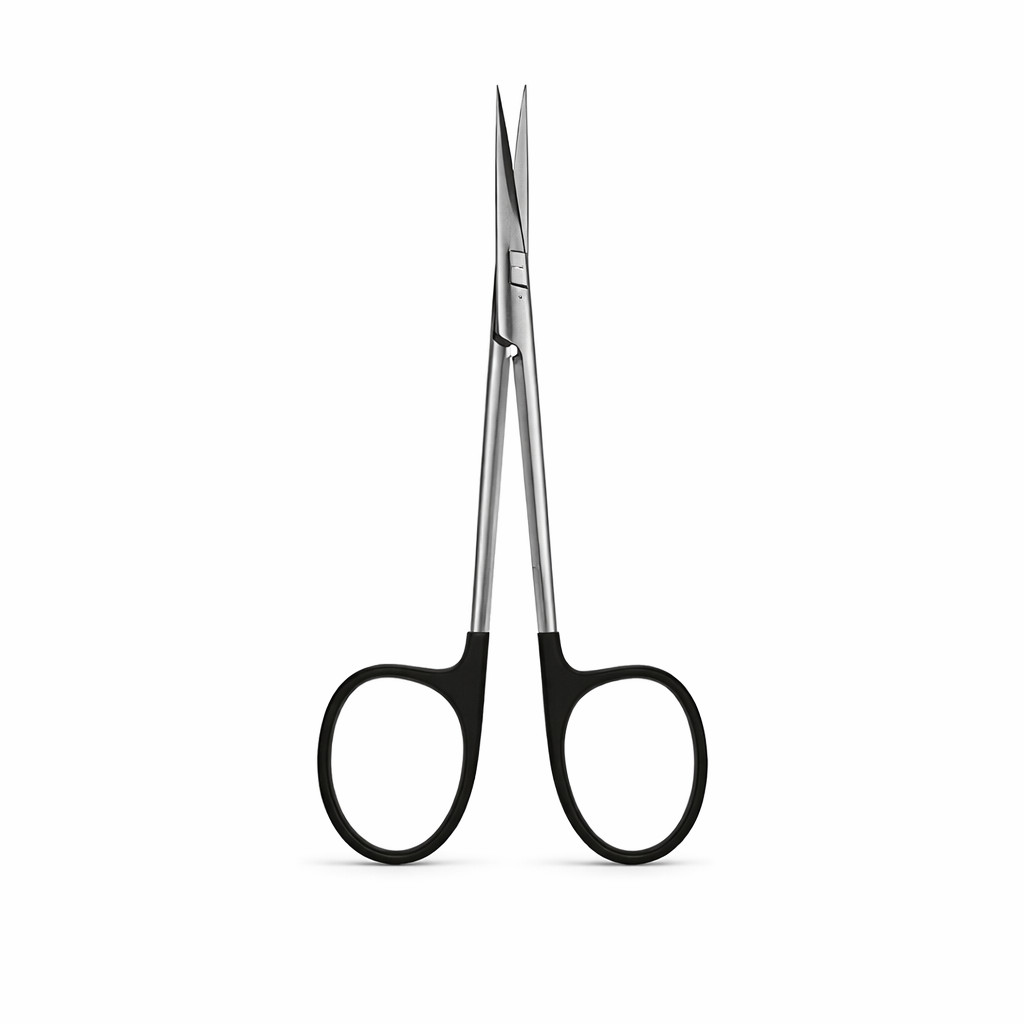 Tijera Iris Recta de 11 cm, fabricada en acero inoxidable, con mango ergonómico en color negro, ideal para uso clínico