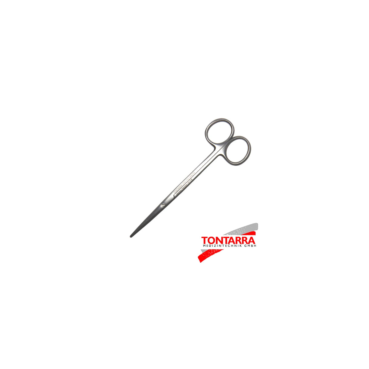 Tijera Metzenbaum recta de 14.5 cm, marca Tontarra, con hojas de acero inoxidable y mango ergonómico en color negro.