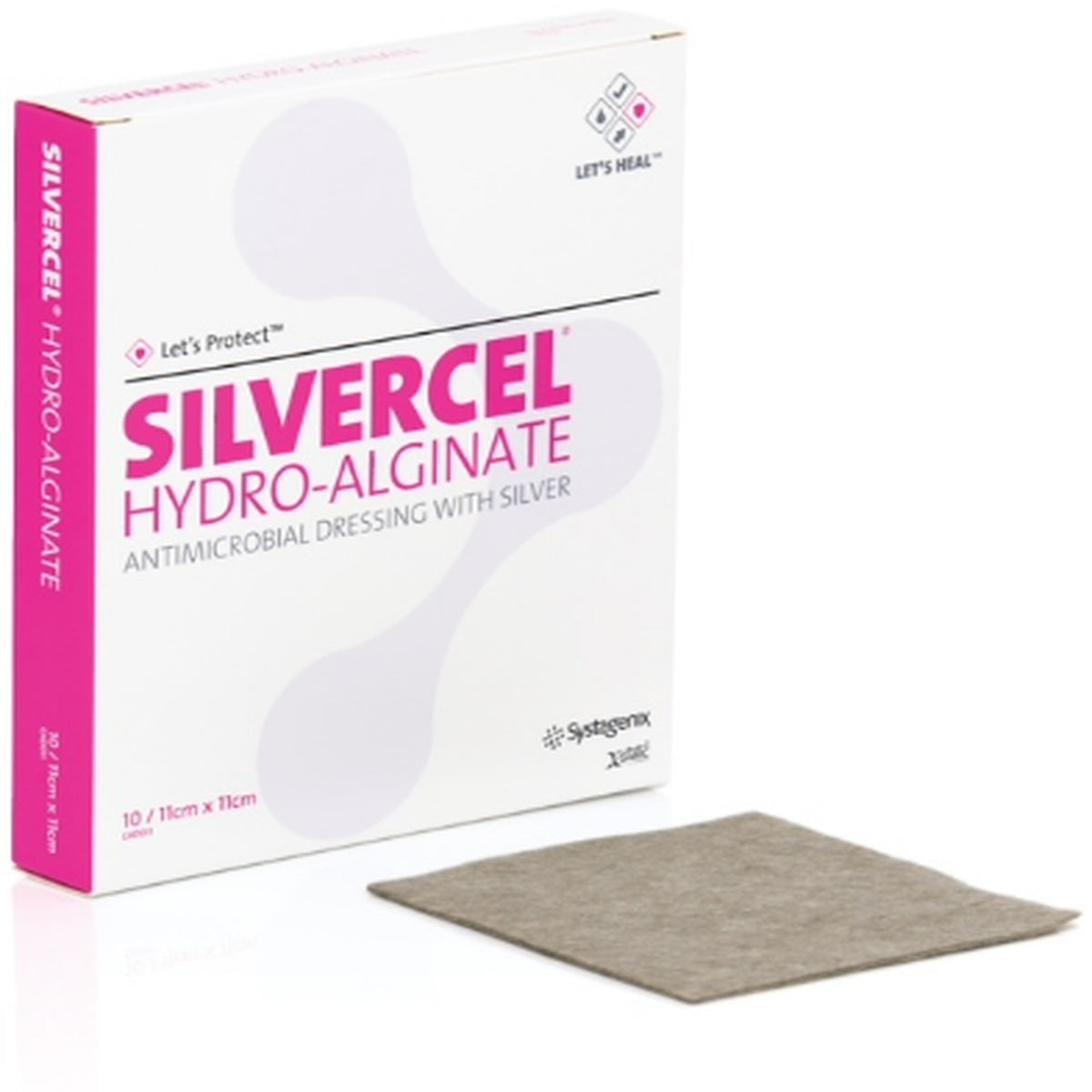 Apósito antimicrobiano SILVERCEL® No Adherente de 11 x 11 cm, compuesto por hidroalginato con plata, diseñado para el tratamiento de heridas.