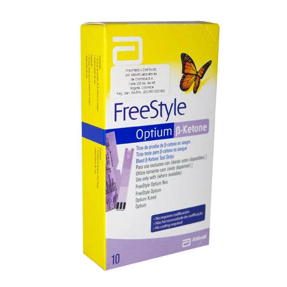 Tiras Optium para medición de cetonas, paquete de 10 unidades, diseño delgado y color blanco, uso en pruebas rápidas de cetonas.
