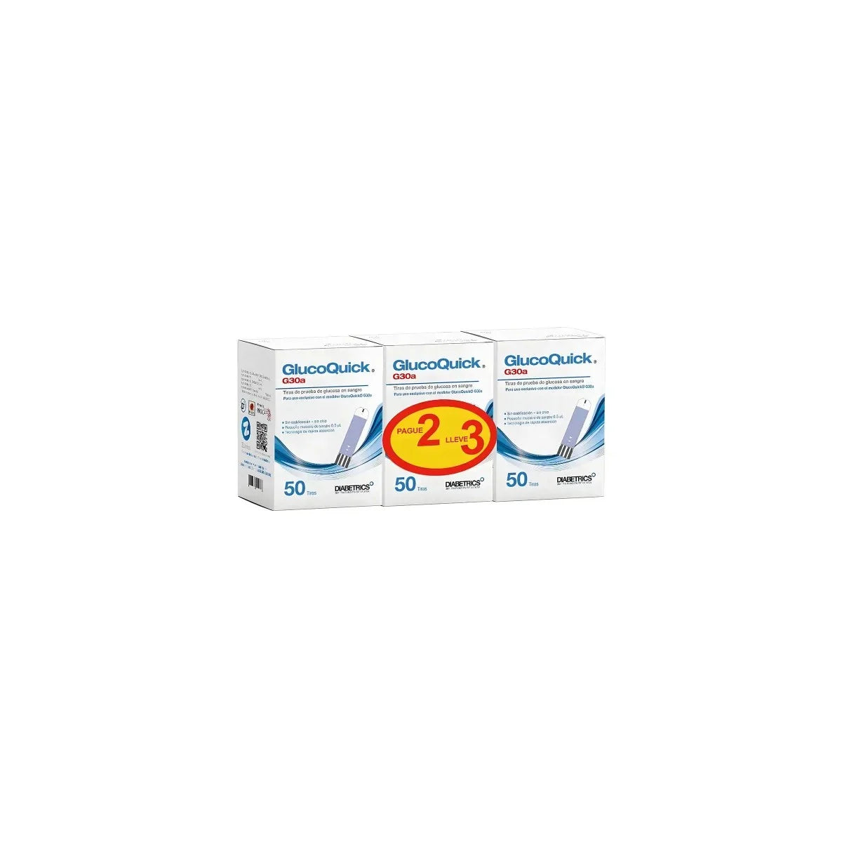 Tirilla de prueba para glucosa GLUCOQUICK, 36 mm x 8.5 mm, fabricada en PET, con conectores de 4 pins y área de reacción de 2.63 mm.