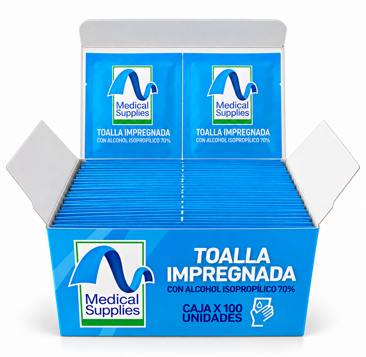 Toalla antiséptica isopropílica al 70% Medical Supplies, presentación de 100 unidades para limpieza y desinfección.
