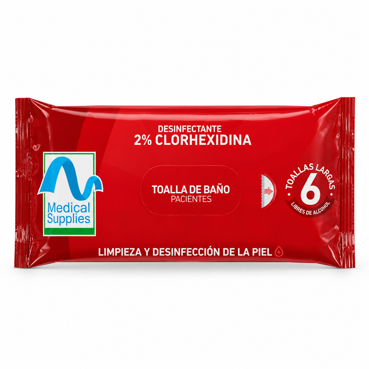 Toalla de baño desinfectante con clorhexidina al 2%, paquete de 6 unidades para higiene y preparación antiséptica.