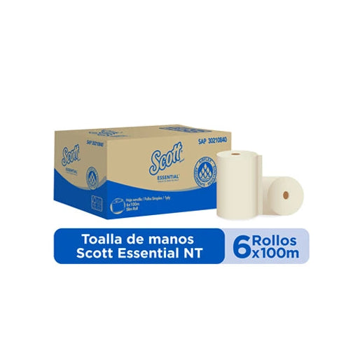 Toalla de manos Scott Essential, doble hoja, 100 metros, color blanco, con textura suave y absorbente, ideal para uso en baños.