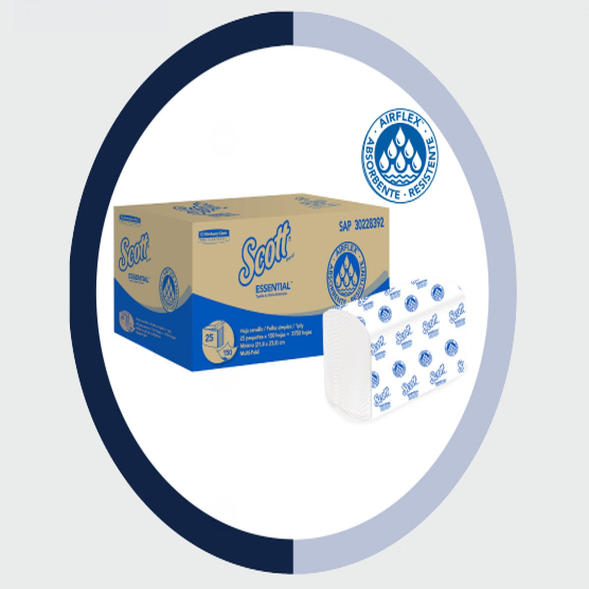 Toalla de manos Scott® Essential™ blanca, 150 hojas, fabricada con tecnología AIRFLEX™, dimensiones de 223 mm x 241 mm, ideal para secado en entornos de bajo tráfico.