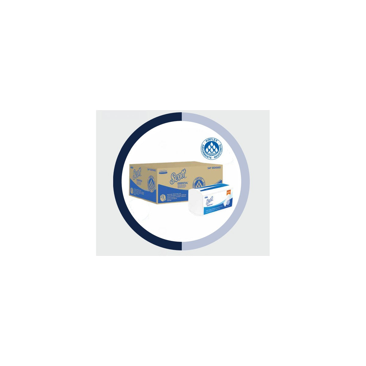 Toalla Scott Essential blanca, hoja sencilla, 150 unidades, con textura suave y absorbente, ideal para uso en entornos clínicos.