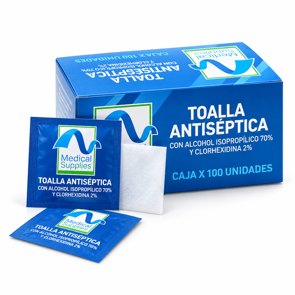 Toallas antisépticas con alcohol isopropílico al 70% y clorhexidina al 2%, presentación de 100 unidades para uso médico.