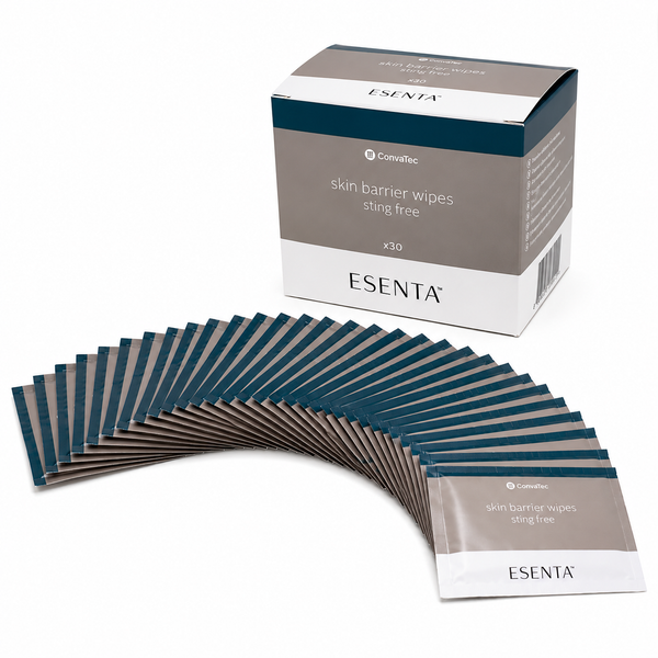 Toallas Esenta Sting Free para barreras cutáneas caja x30 unidades Convatec sobre fondo blanco para catálogo médico y cuidado de ostomías