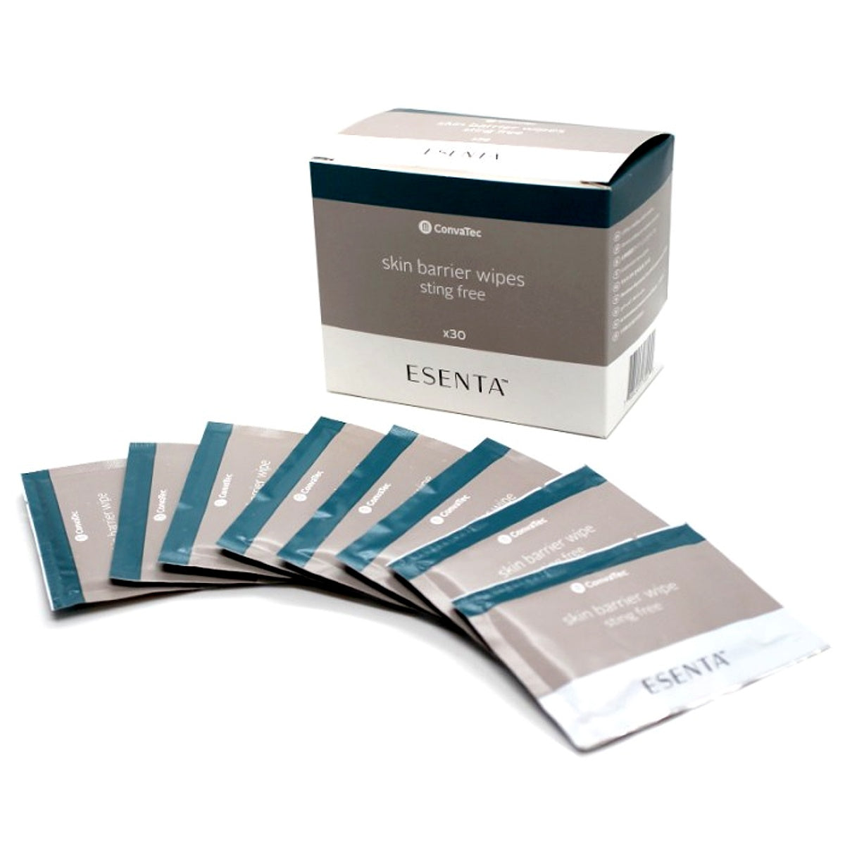 Toallas Esenta Sting Free para barreras cutáneas, presentadas en caja de 30 unidades, color blanco, diseño práctico para uso clínico.