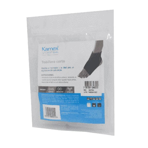 Tobillera corta Kamex M, referencia 18375N, fabricada en material elástico negro, diseñada para soporte y comodidad en el tobillo.