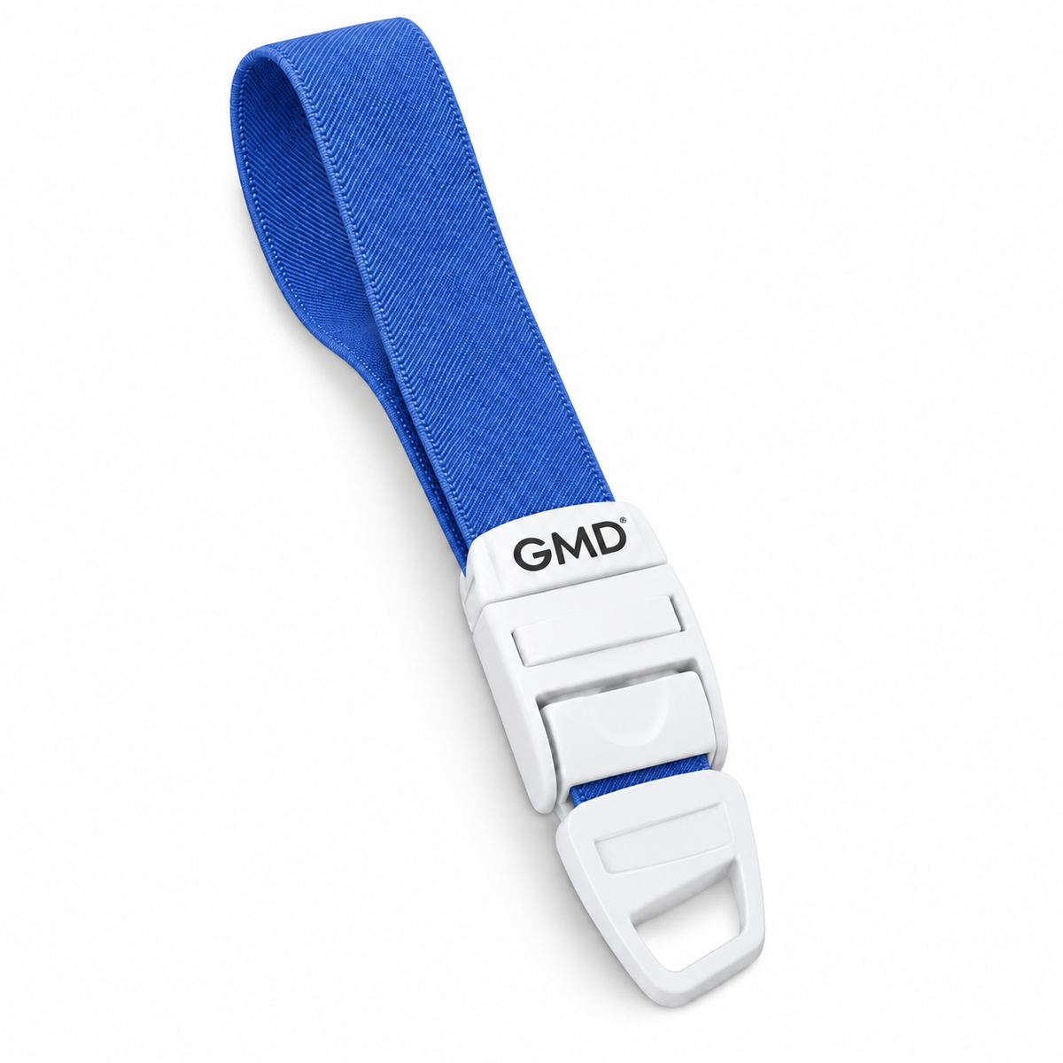 Torniquete GMD con correa elástica color azul, referencia GMD-6351-13, diseñado para apoyar procedimientos de venopunción y toma de muestras.