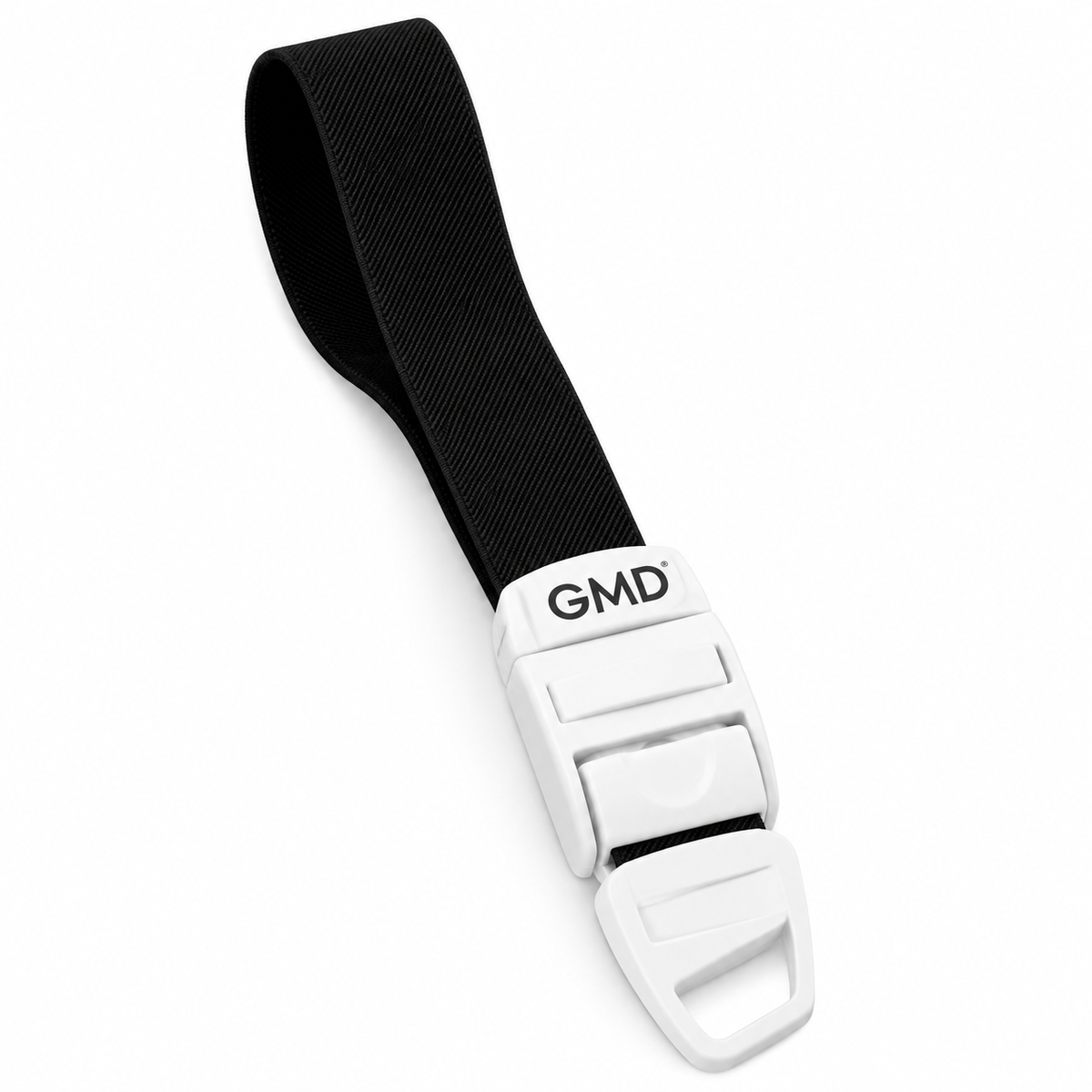 Torniquete GMD con correa elástica color negro, referencia GMD-6351-20, diseñado para apoyar procedimientos de venopunción y toma de muestras.