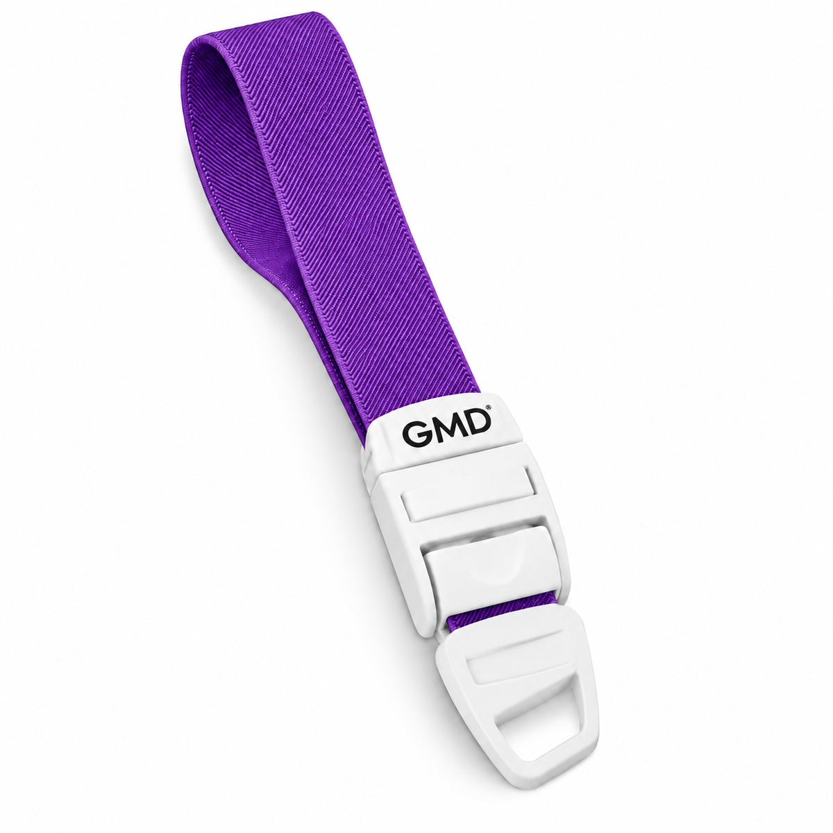 Torniquete GMD con correa elástica color púrpura, referencia GMD-6351-15, diseñado para apoyar procedimientos de venopunción y toma de muestras.
