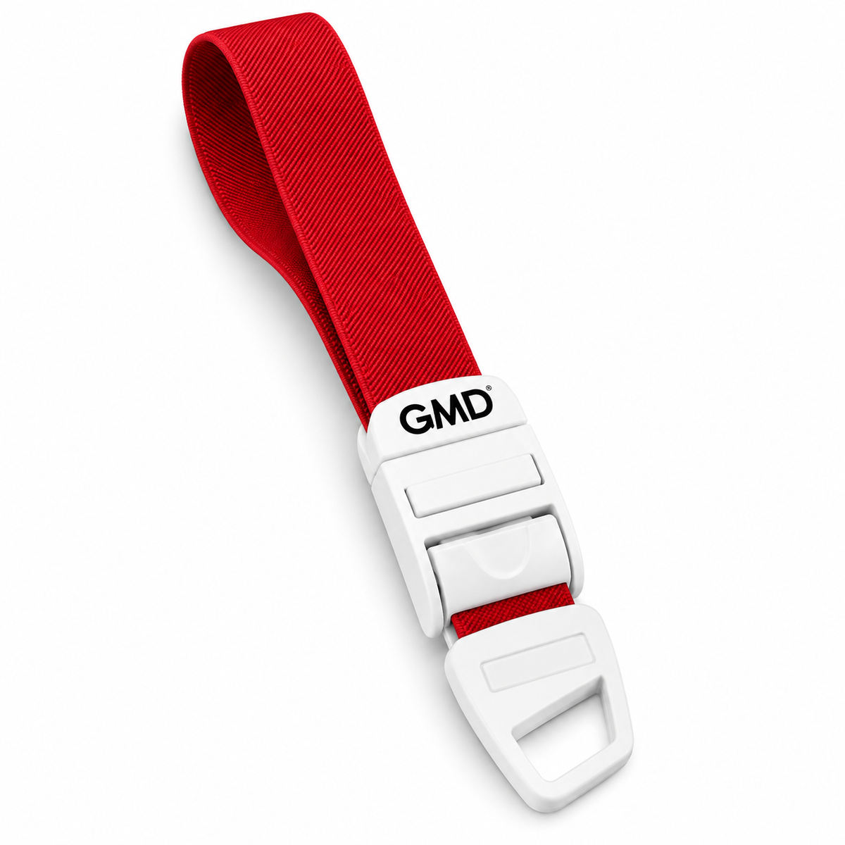 Torniquete GMD con correa elástica color rojo, referencia GMD-6351-2, diseñado para apoyar procedimientos de venopunción y toma de muestras.