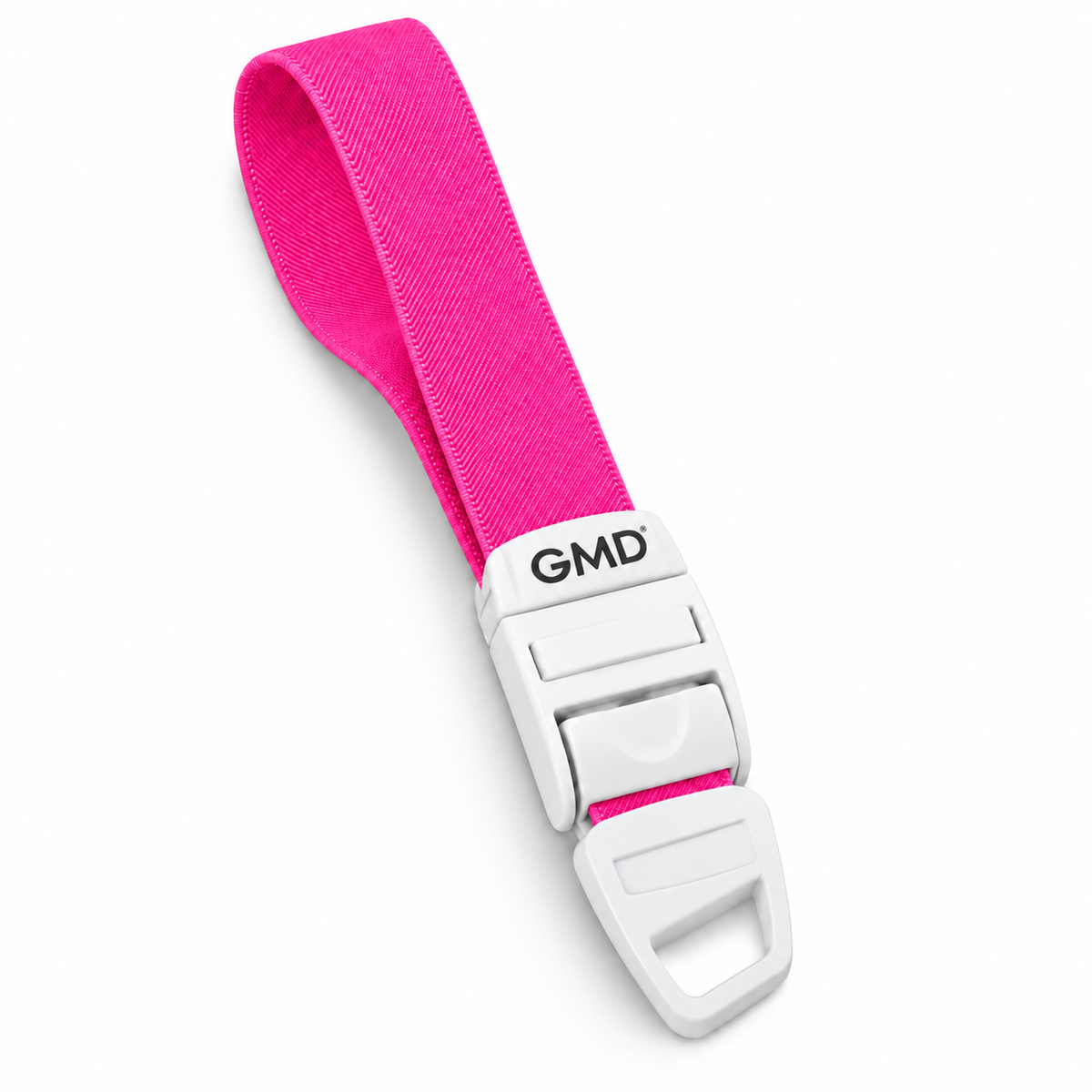 Torniquete GMD con correa elástica color rosado neón, referencia GMD-6351-17, diseñado para apoyar procedimientos de venopunción y toma de muestras.